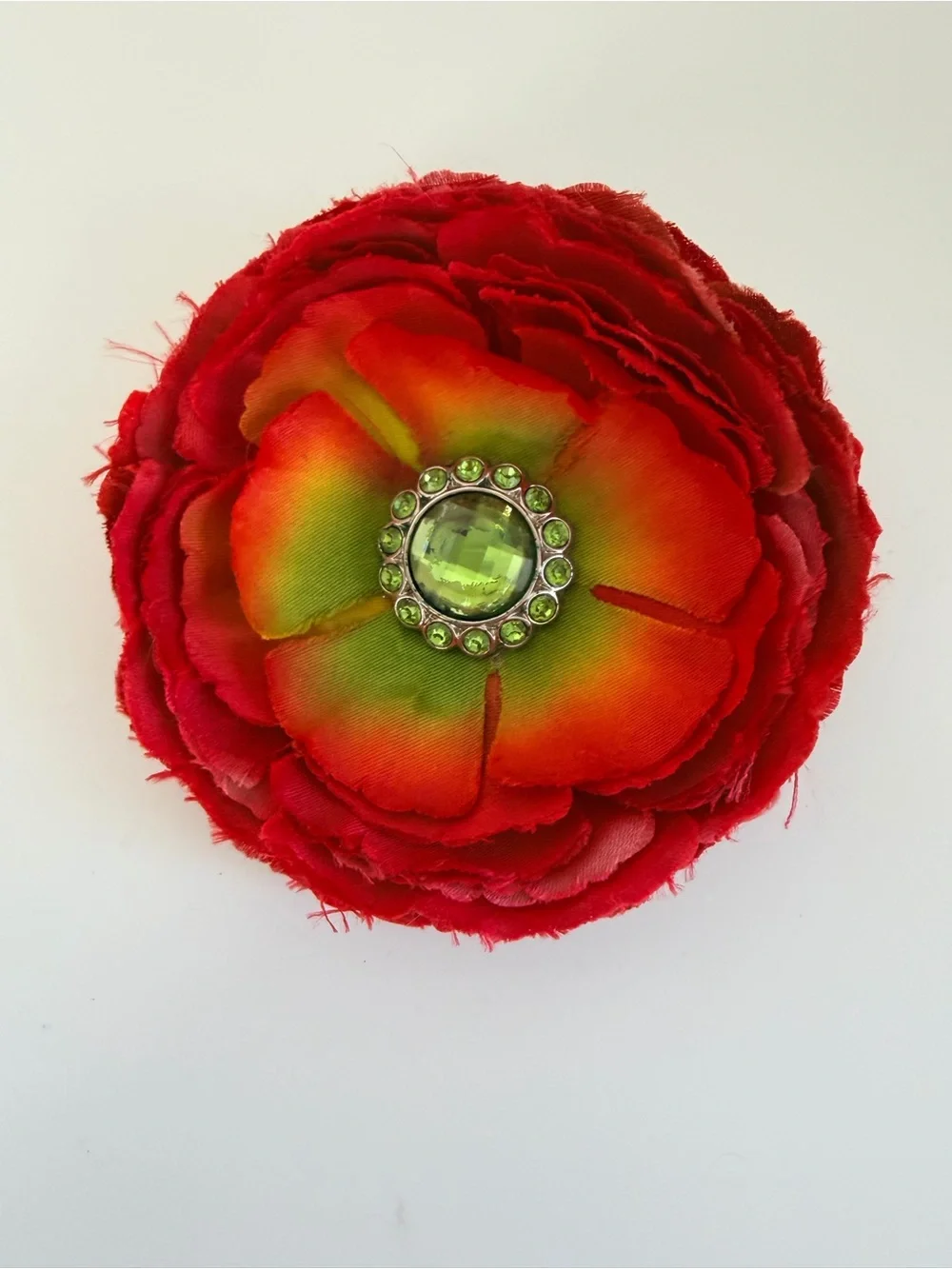 Red Flower Hair Clip Green Rhinestone Center Large Floral Statement Accessory